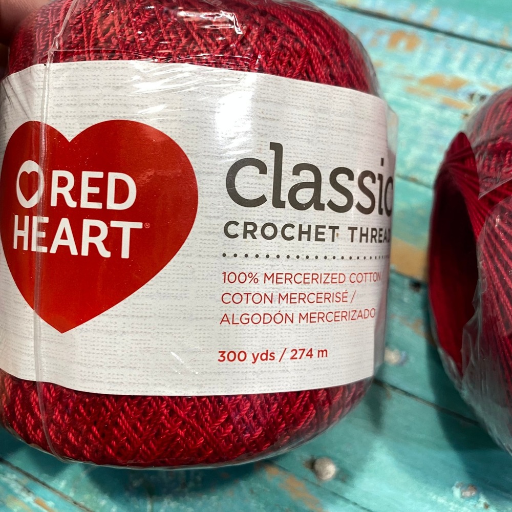 Red Heart Classic Crochet Thread Victory Red Size 10 Mercerized Cotton 2 Balls